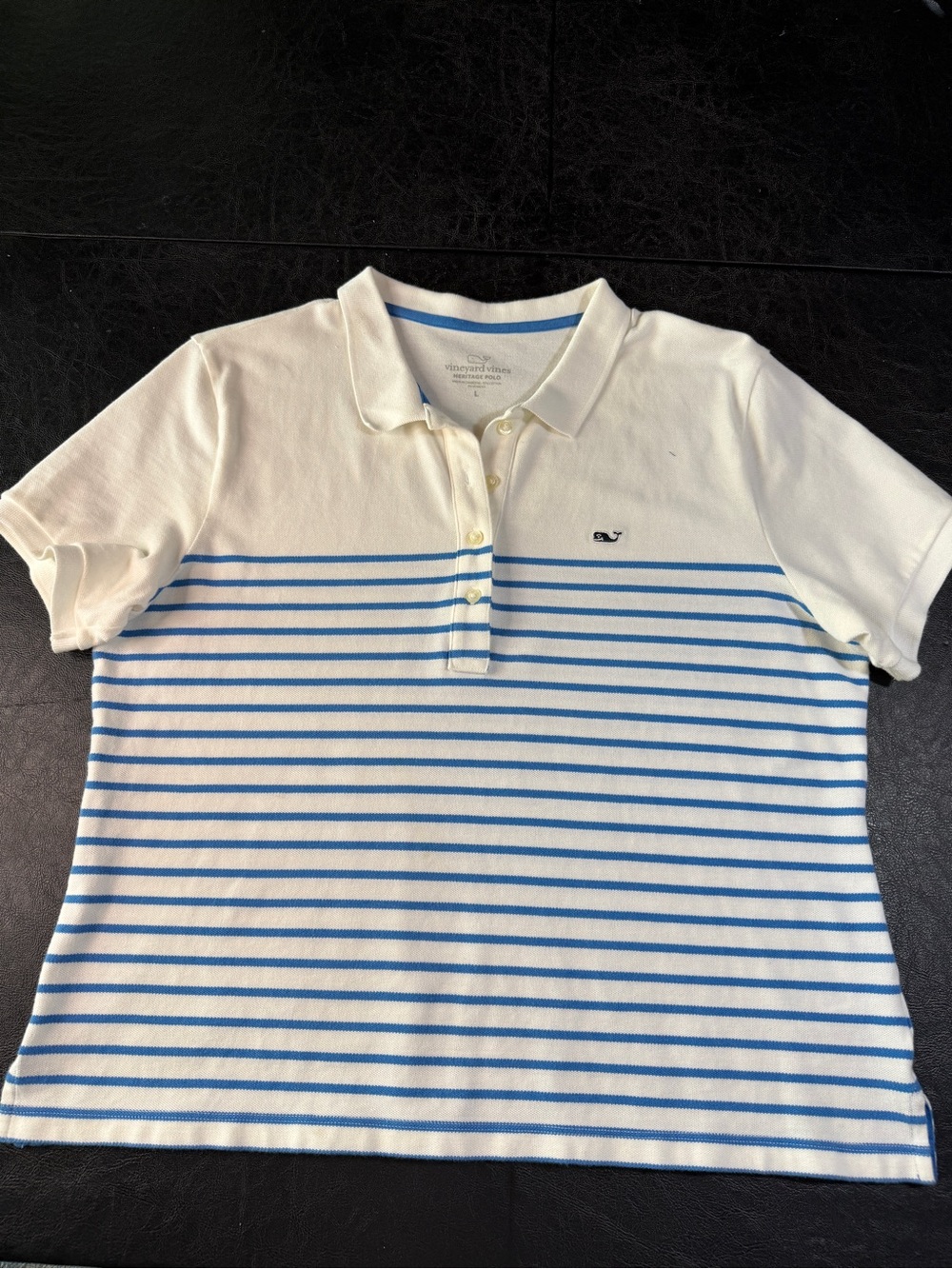 Vineyard Vines Striped Polo Shirt in White & Light Blue- Women’s Large